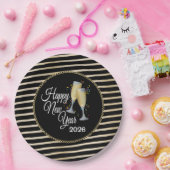 Gelukkig Nieuwjaar Zwart & Goud, Champagne Papieren Bordje (Feest)