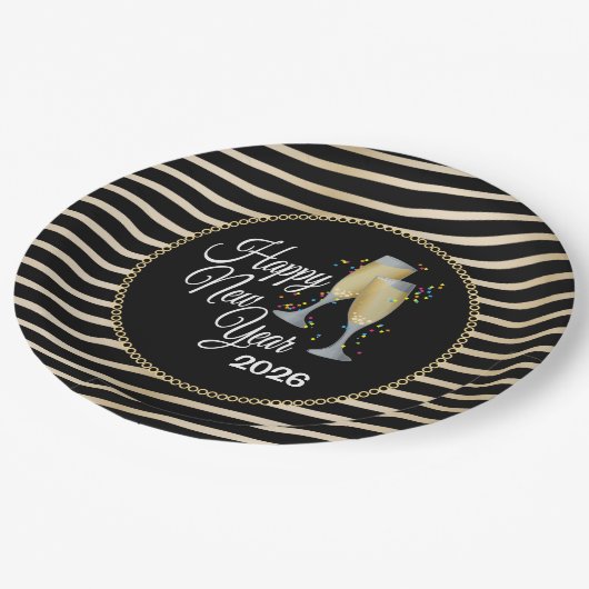 Gelukkig Nieuwjaar Zwart & Goud, Champagne Papieren Bordje (Gekanteld)