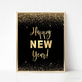 Gelukkig Nieuwjaar Zwart & Goud Glitter Party Sign Poster