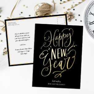 Gelukkig Nieuwjaar Zwart Goud Script Modern Non Ph Folie Feestdagen Briefkaart