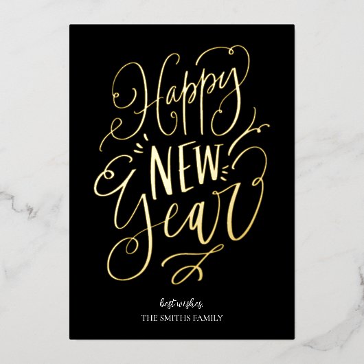 Gelukkig Nieuwjaar Zwart Goud Script Modern Non Ph Folie Feestdagenkaart (Voorkant)