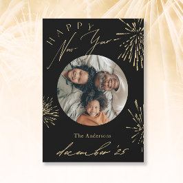 Gelukkig Nieuwjaar Zwart Goud Vuurwerk Foto Feestdagenkaart