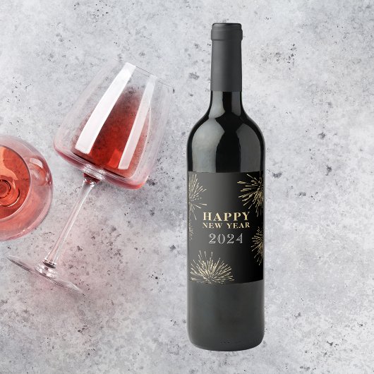 Gelukkig Nieuwjaar Zwart Goud Wijn Etiket