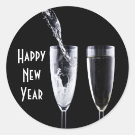 Gelukkig Nieuwjaar zwart wit champagne glas feeste Ronde Sticker