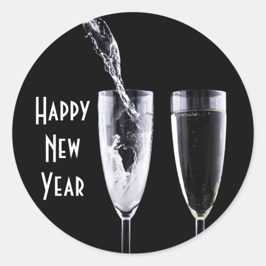 Gelukkig Nieuwjaar zwart wit champagne glas feeste Ronde Sticker (Voorkant)