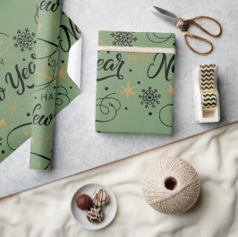 Gelukkig Nieuwjaar Zwarte en Gouden Sneeuwvlok Cadeaupapier