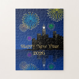 Gelukkig Nieuwjaarsavond Middernacht Vuurwerk Stad Legpuzzel