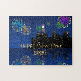 Gelukkig Nieuwjaarsavond Middernacht Vuurwerk Stad Legpuzzel