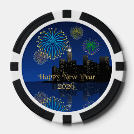 Gelukkig Nieuwjaarsavond Middernacht Vuurwerk Stad Poker Chips