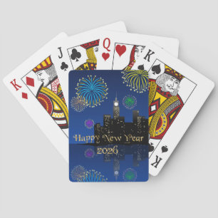 Gelukkig Nieuwjaarsavond Middernacht Vuurwerk Stad Pokerkaarten