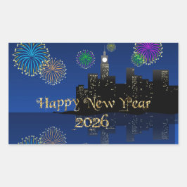 Gelukkig Nieuwjaarsavond Middernacht Vuurwerk Stad Rechthoekige Sticker