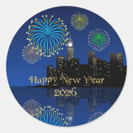 Gelukkig Nieuwjaarsavond Middernacht Vuurwerk Stad Ronde Sticker