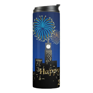 Gelukkig Nieuwjaarsavond Middernacht Vuurwerk Stad Thermosbeker