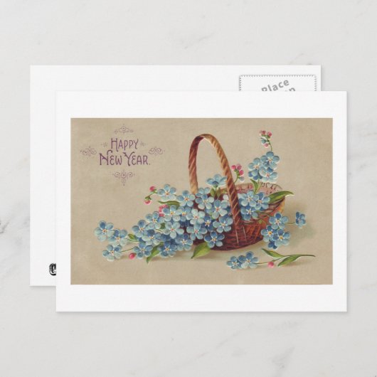 Gelukkig Nieuwjaarsmandje met bloemen Feestdagenkaart (Voorkant / Achterkant)