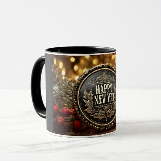 gelukkig nieuwjaarswensen op een feestelijke achte mok (Voorkant links)