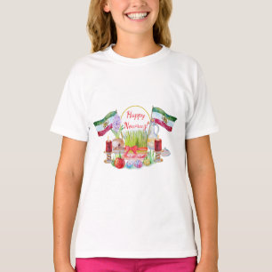 Gelukkig Norooz Haft Sin met Leeuw- en Zonnevlagge T-shirt