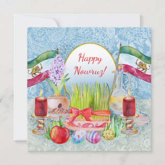Gelukkig Norooz Haft Sin met Leeuw- en Zonvlaggen Save The Date