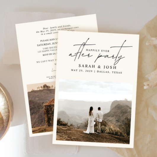 Gelukkig ooit na 2 foto crème bruiloft receptie aankondiging