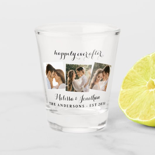 Gelukkig ooit na 3 Foto Bride Groom Wedding Sho Shot Glas (Voorkant)