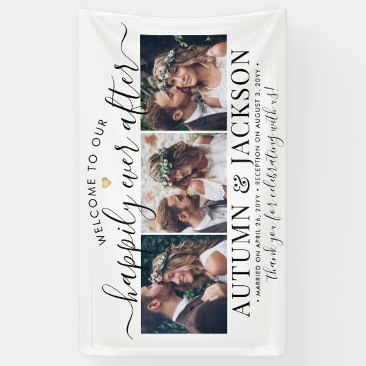 Gelukkig ooit na 3 Foto Elegant Wedding Welkom Spandoek (Verticaal)