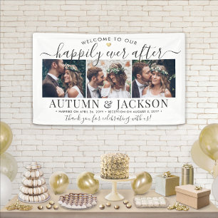 Gelukkig ooit na 3 Foto Elegant Wedding Welkom Spandoek