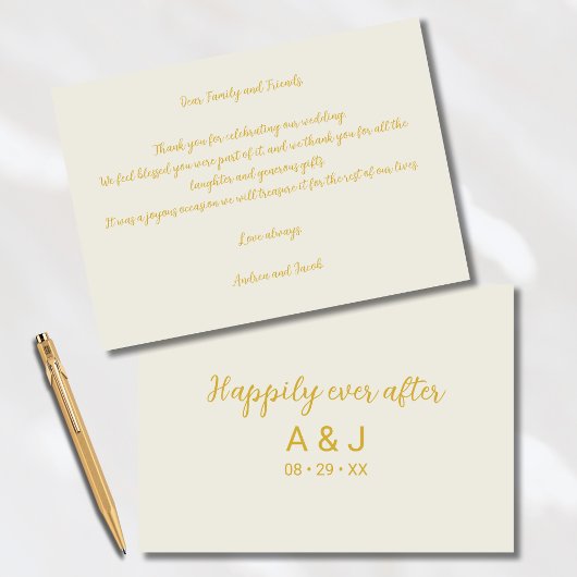 Gelukkig ooit na albasten witgouden monogram bedankkaart