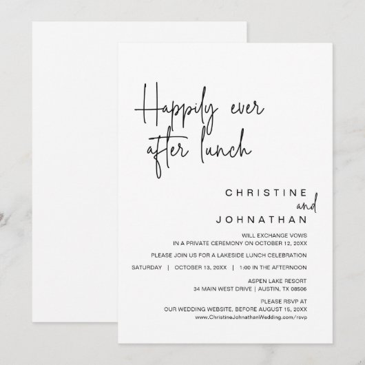 Gelukkig ooit na de bruiloft Elopement Lunch Invit Kaart (Voorkant / Achterkant)