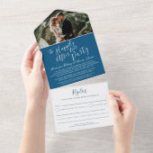 Gelukkig ooit na de bruiloft foto blauw wit all in one uitnodiging (Afscheurbaar)