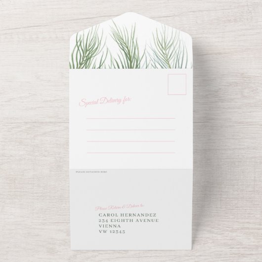 Gelukkig ooit na de bruiloft roze witte groen all in one uitnodiging (Buitenkant)