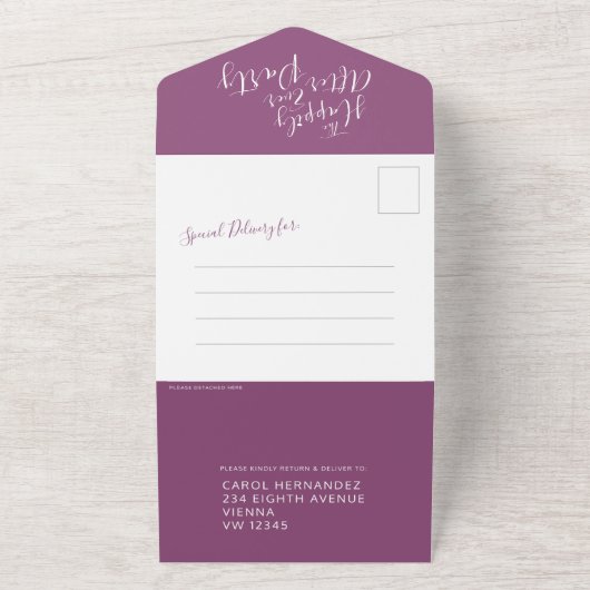 Gelukkig ooit na de huwelijksfeestfoto-mulberry all in one uitnodiging (Buitenkant)