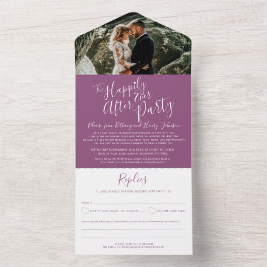 Gelukkig ooit na de huwelijksfeestfoto-mulberry all in one uitnodiging (Binnen)