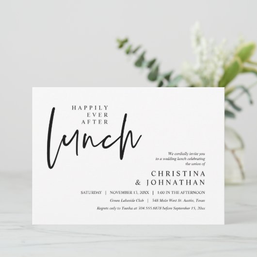 Gelukkig ooit na de lunch moderne bruiloft partij kaart (Staand voorkant)