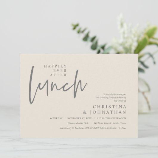 Gelukkig ooit na de lunch moderne bruiloft partij kaart (Staand voorkant)