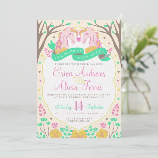 Gelukkig ooit na Eenhoorn bruiloft uitnodiging (Staand voorkant)