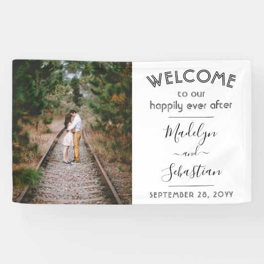 Gelukkig ooit na eenvoudige foto-bruiloft Welkom Spandoek (Horizontaal)