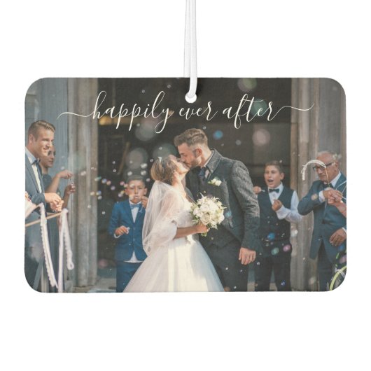 Gelukkig ooit na Elegant Script Wedding Photo Luchtverfrisser (Voorkant)