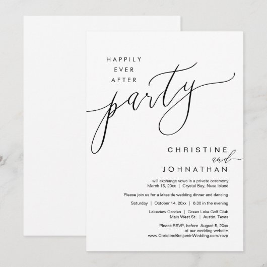 Gelukkig ooit na feest, bruiloft Elopement Script Kaart (Voorkant / Achterkant)