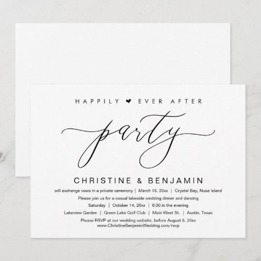 Gelukkig ooit na feest, elopement, modern script kaart (Voorkant / Achterkant)