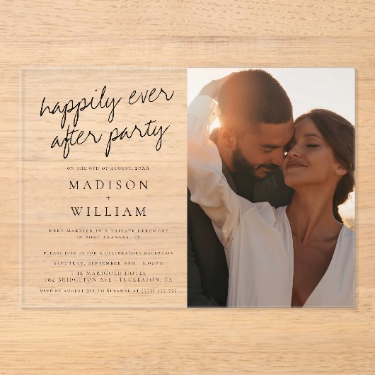 Gelukkig ooit na feest moderne foto bruiloft acryl uitnodigingen (Voorkant)