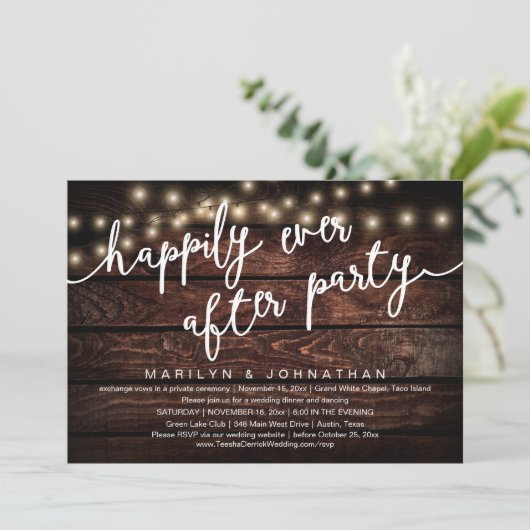 Gelukkig ooit na feest, rustiek bruiloft diner kaart (Staand voorkant)