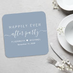 Gelukkig ooit na feest stoffige blauwe bruiloft kartonnen onderzetters<br><div class="desc">Chique stoffige blauw papier onderzetters voor uw bruiloft receptie en andere post-bruiloft vieringen met "Happily Ever After Party" in eenvoudige witte typografie en een stijlvol wit swash script,  uw namen verbonden door een hart en uw ontvangstdatum.</div>