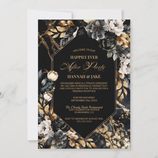 Gelukkig ooit na feest zwart goud bloemenbruiloft kaart (Voorkant)