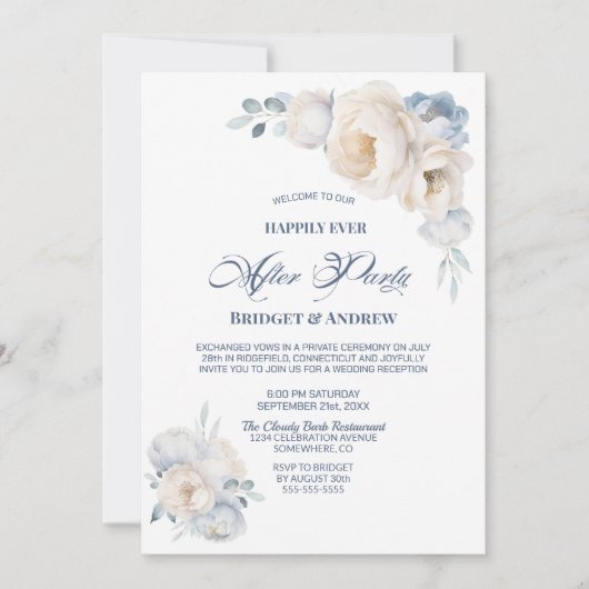 Gelukkig ooit na feestblauw wit bloemenbruiloft kaart (Voorkant)