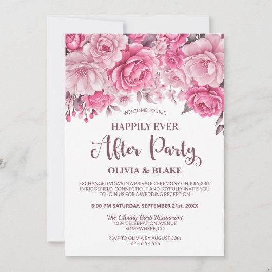 Gelukkig ooit na feestje roze bloemenreceptie kaart (Voorkant)