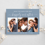 Gelukkig ooit na foto Dusty Blue de datum opslaan Aankondigingskaart<br><div class="desc">Modern stoffig blauw bewaar het datum aankondiging briefkaart. De voorkant bevat een 3 fotocollage, "Save The Date For Our Happily Ever After" in een mix van eenvoudige witte typografie en een chique wit script met swashes en je voornamen en trouwdatum samengevoegd met een hart. Personaliseer op de achterkant uw bewaar...</div>