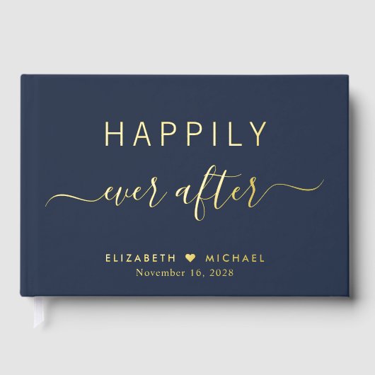 Gelukkig ooit na foto marine blauwe bruiloft gastenboek (Voorkant)