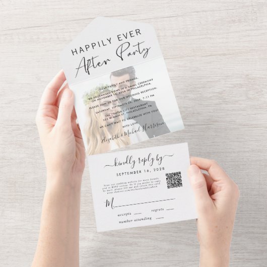 Gelukkig ooit na foto QR Code Wedding Reception All In One Uitnodiging (Afscheurbaar)