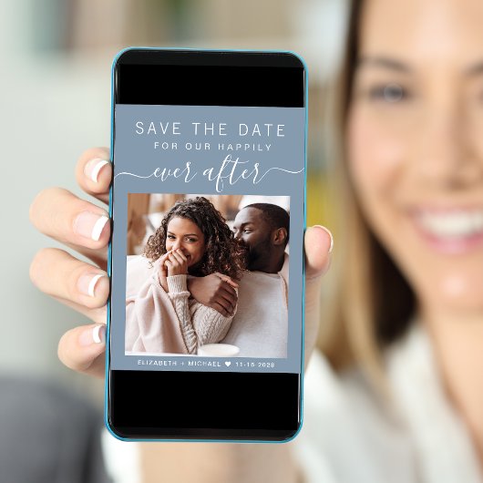 Gelukkig ooit na foto stoffige blauwe bruiloft save the date