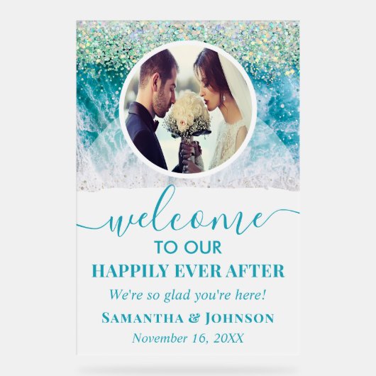Gelukkig ooit na foto strand bruiloft welkom acryl bord (Voorkant)