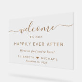 Gelukkig ooit na gouden script bruiloft welkom acryl bord (Hoek)